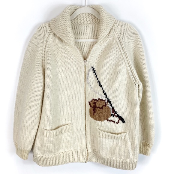 Vintage Sweaters - Handmade Chunky Knit Fisherman Zip Up Cardigan Sweater Cream